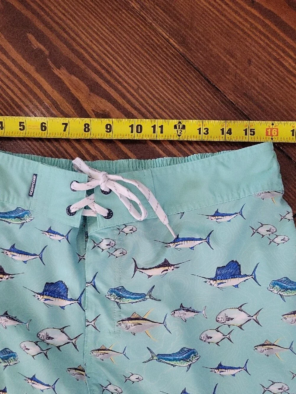 Ocean Coast Men's Mint Green Fish-Print Swim Board Shorts, Drawstring Waist Sz L